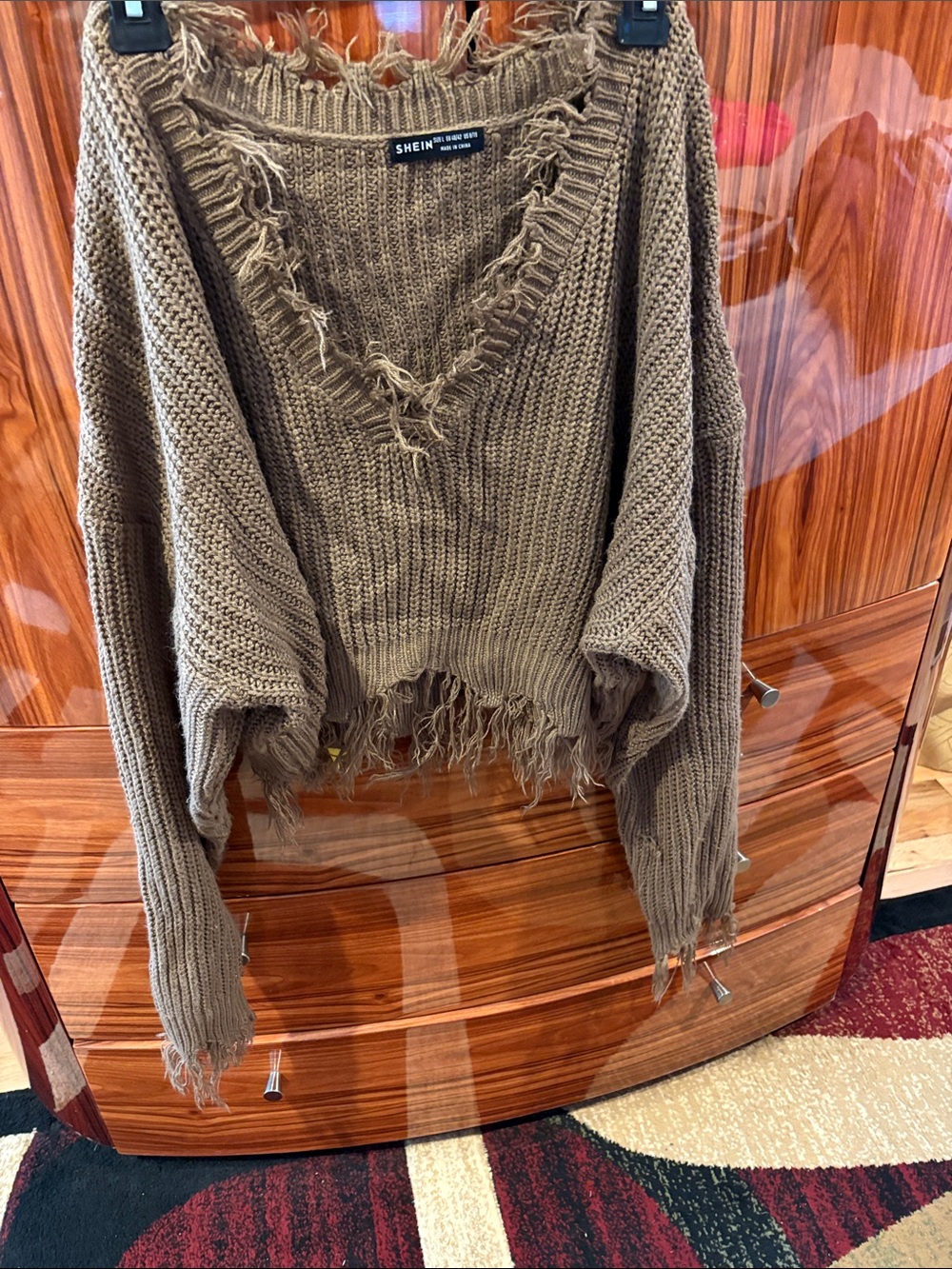 SHEIN Taupe Distressed Fringe V‑Neck Knit Sweater